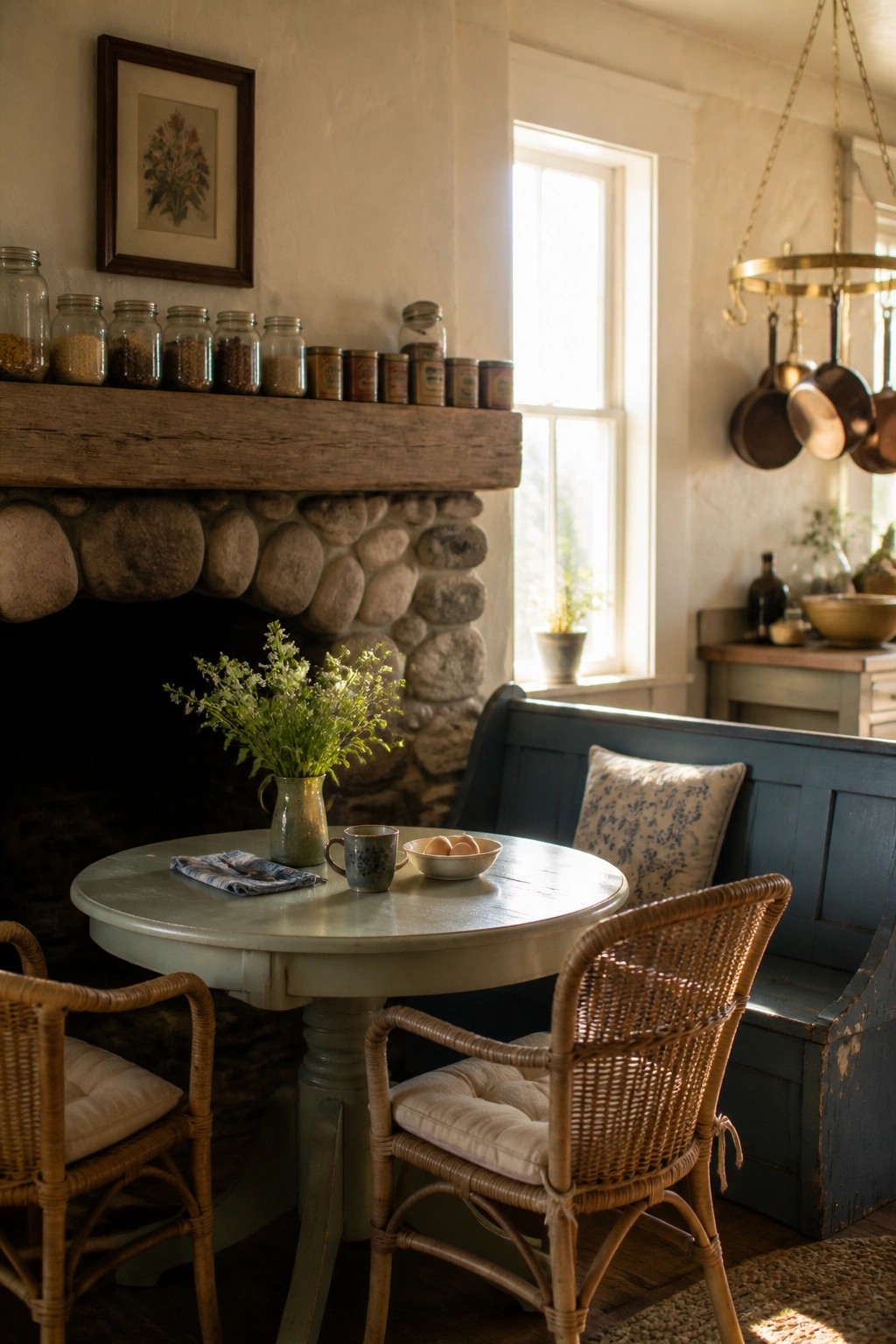 A stone fireplace with a wide reclaimed wood mantel in a rustic cabin interior, with a round table and wicker chairs in front.