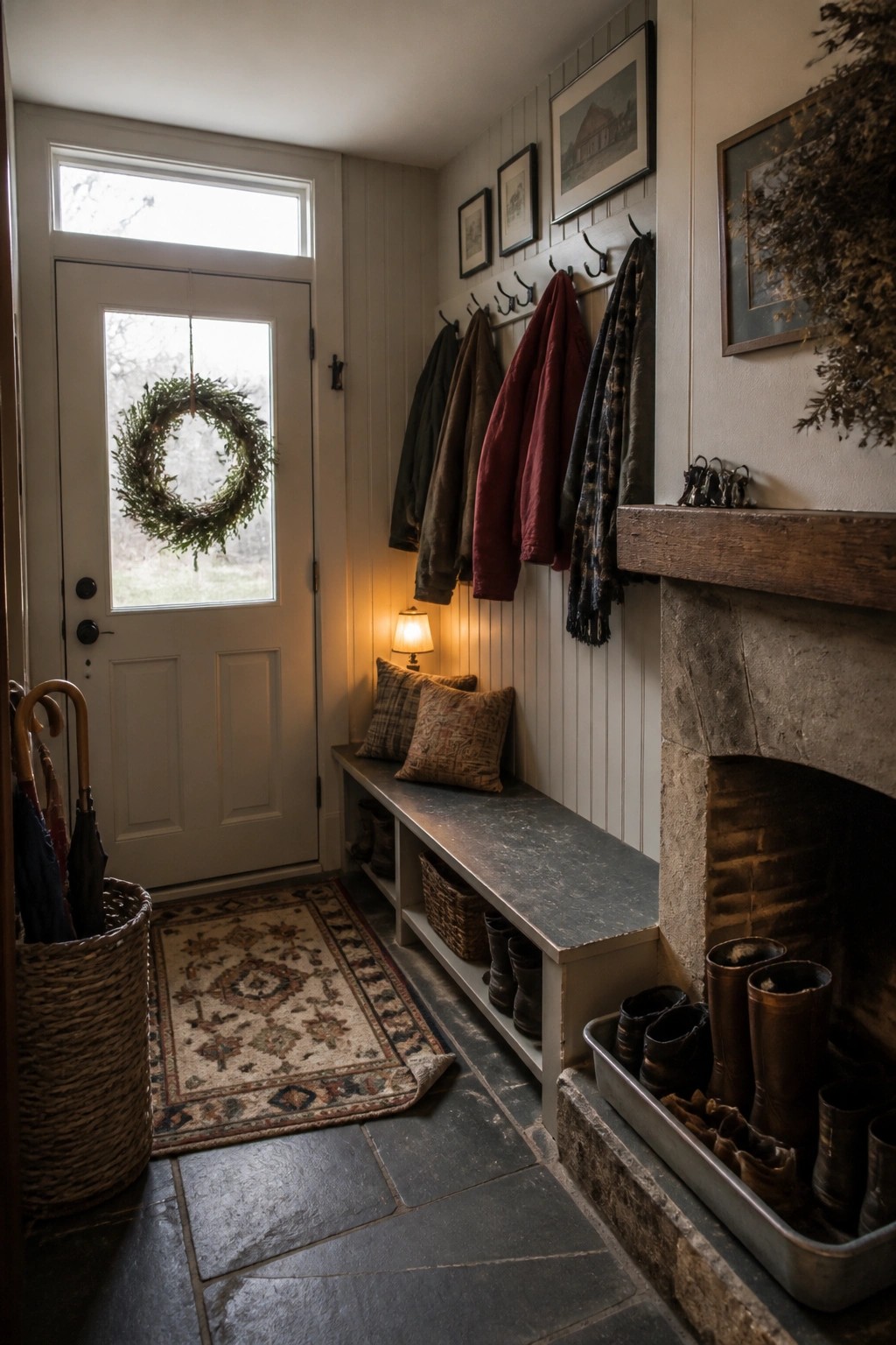 A rustic interior entry with a stone fireplace, reclaimed wood mantel, built-in bench, coat hooks, and boot storage.
