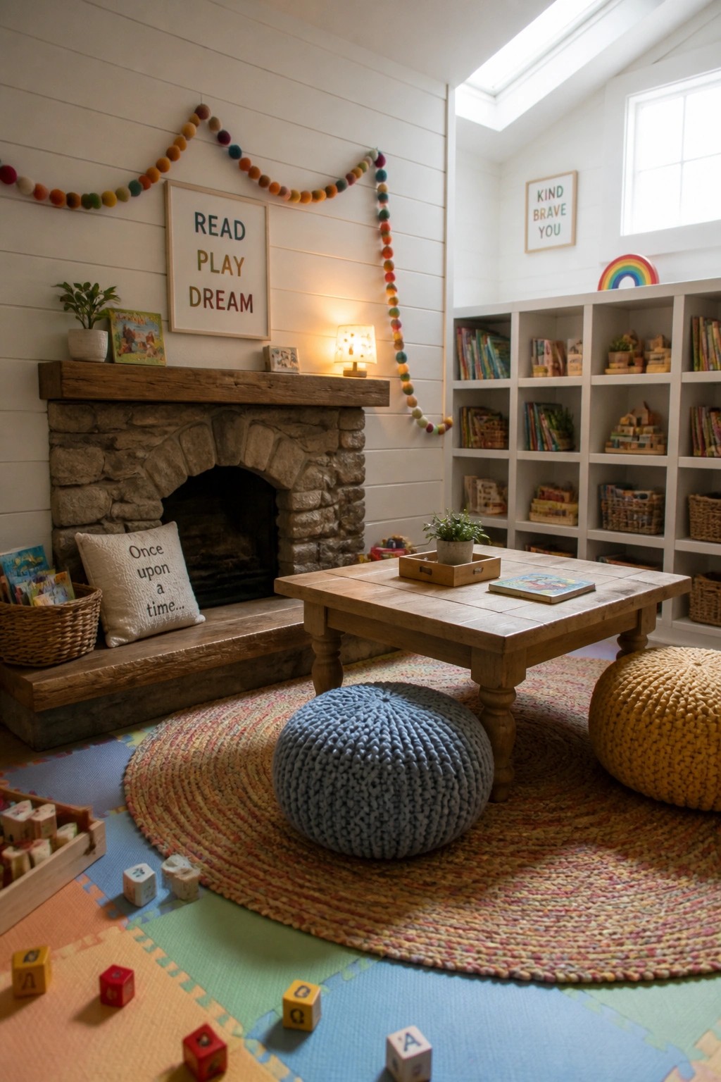 A playroom with a stone fireplace, reclaimed wood mantel, white shiplap walls, and colorful woven poufs on a round rug.