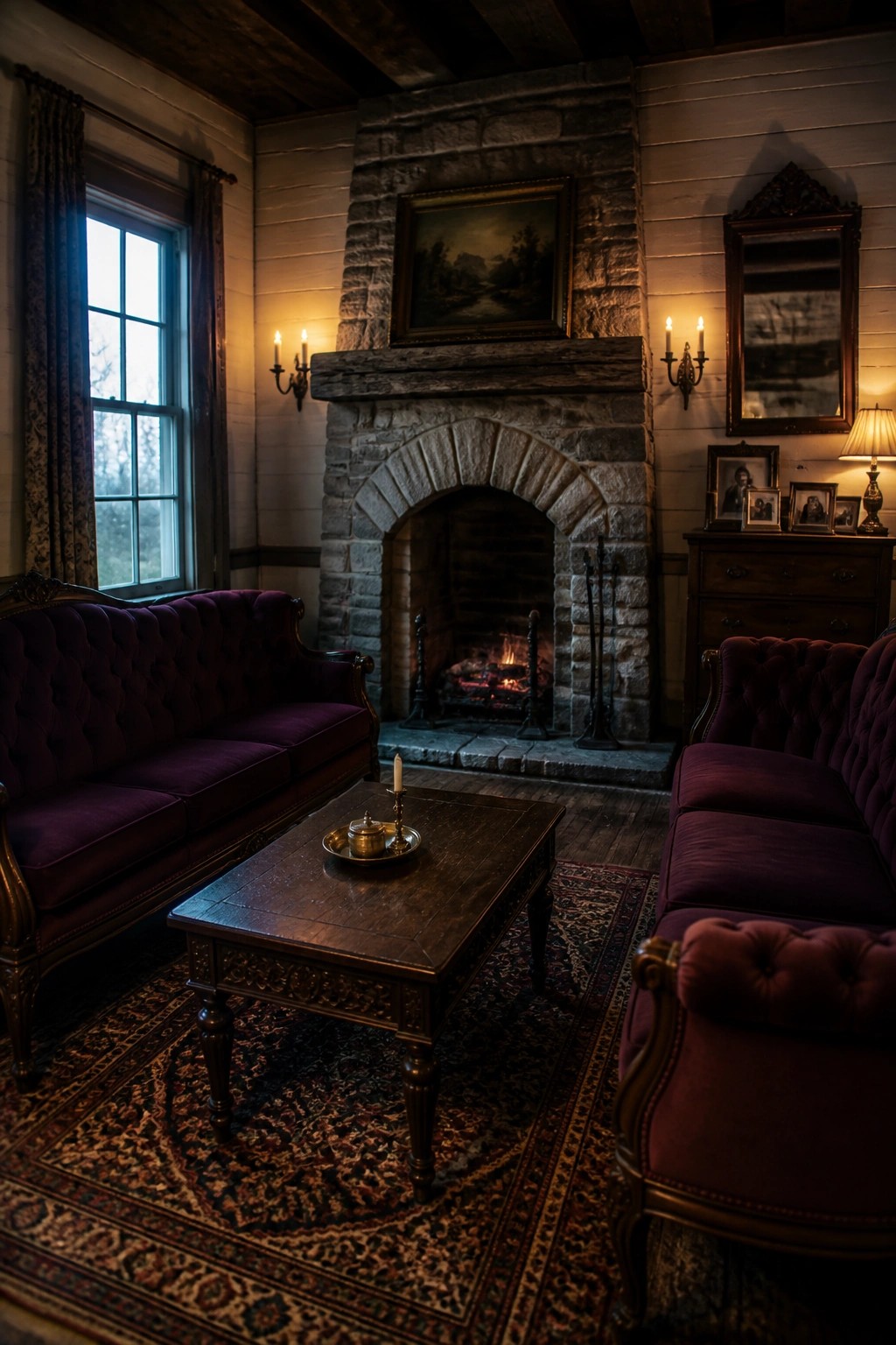 A living room with a large stone fireplace, reclaimed wood mantel, purple velvet sofas, and a wooden coffee table on a patterned rug.