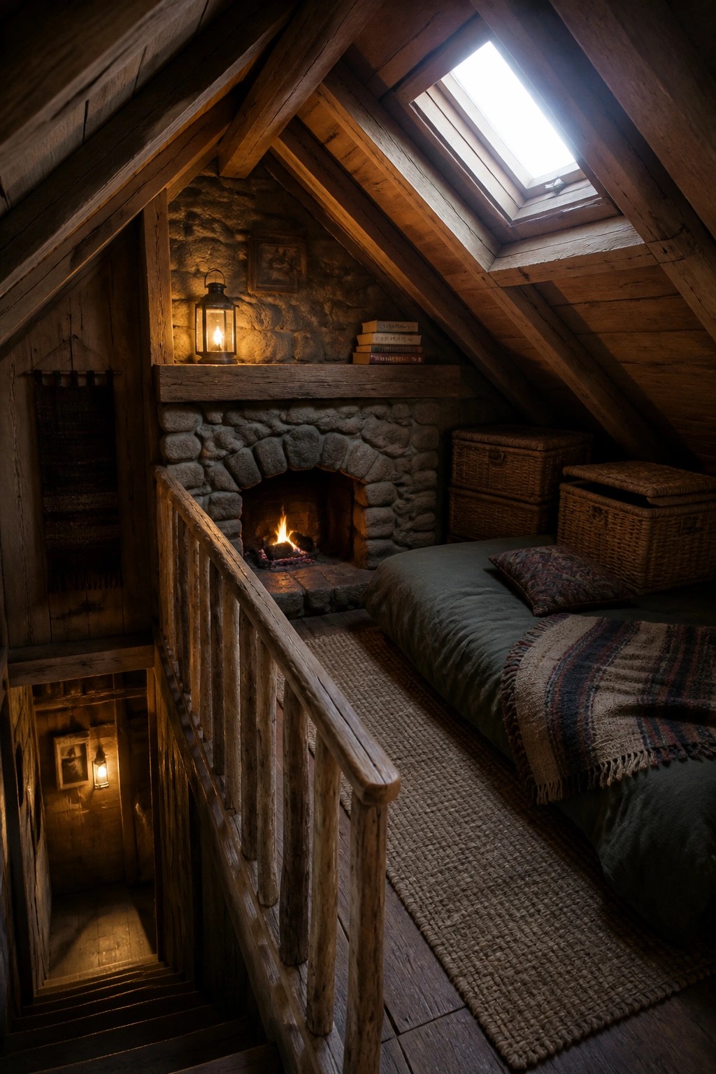 An attic room with a stone fireplace, wooden mantel, reclaimed timber beams, a bed on a woven rug, and a skylight overhead.