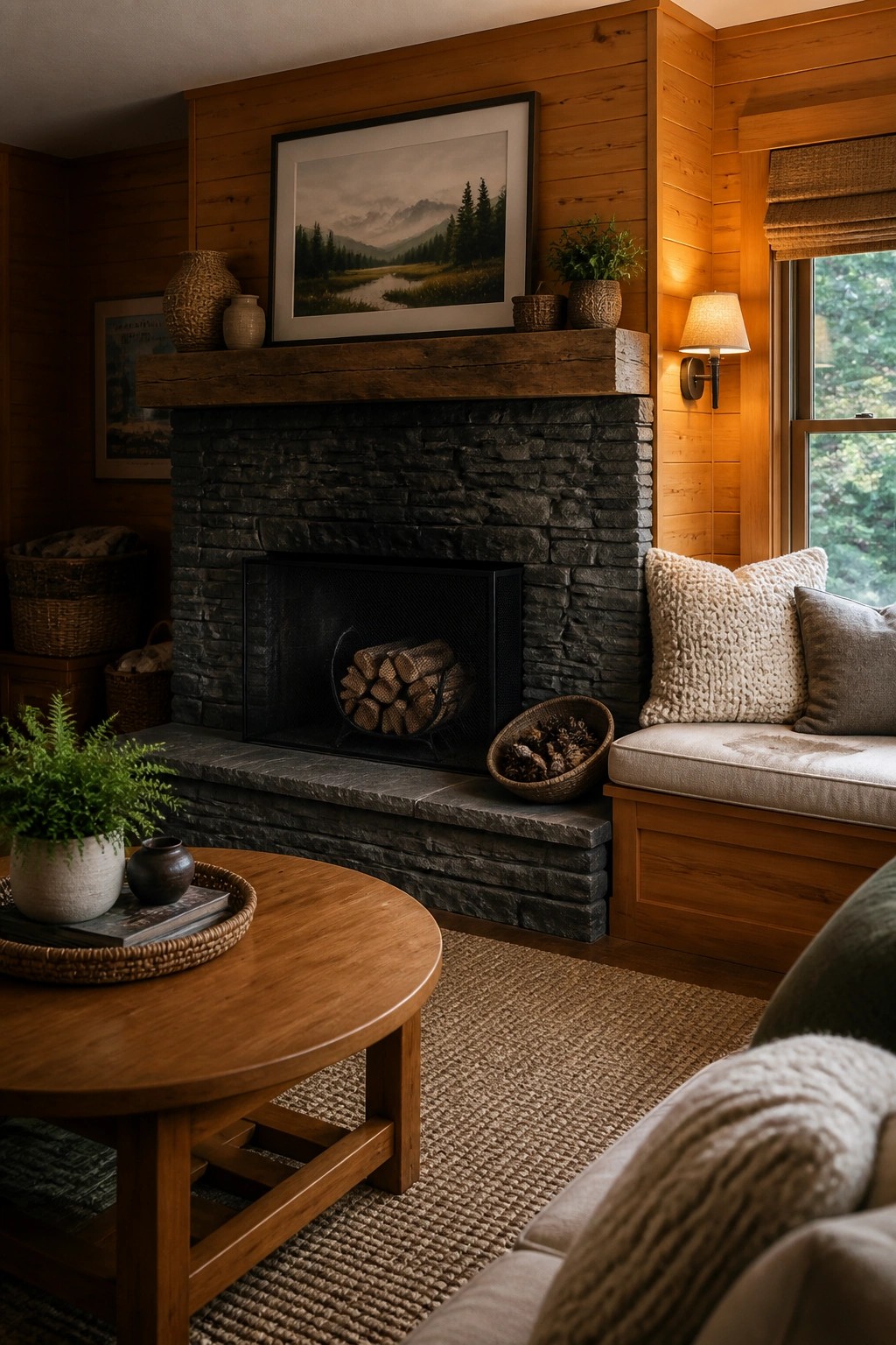 A stone fireplace with a thick wooden mantel in a wood-paneled room, with a round coffee table and seating in the foreground.