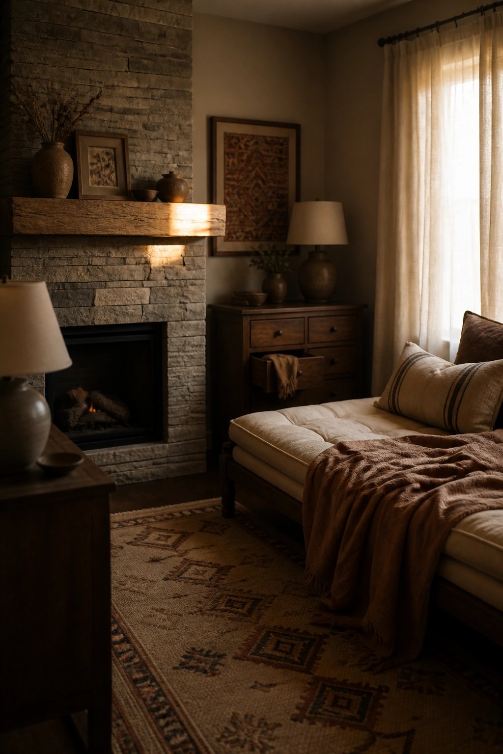 A cozy interior with a stone fireplace, reclaimed wood mantel, wooden dresser, daybed with pillows, and patterned rug on the floor.