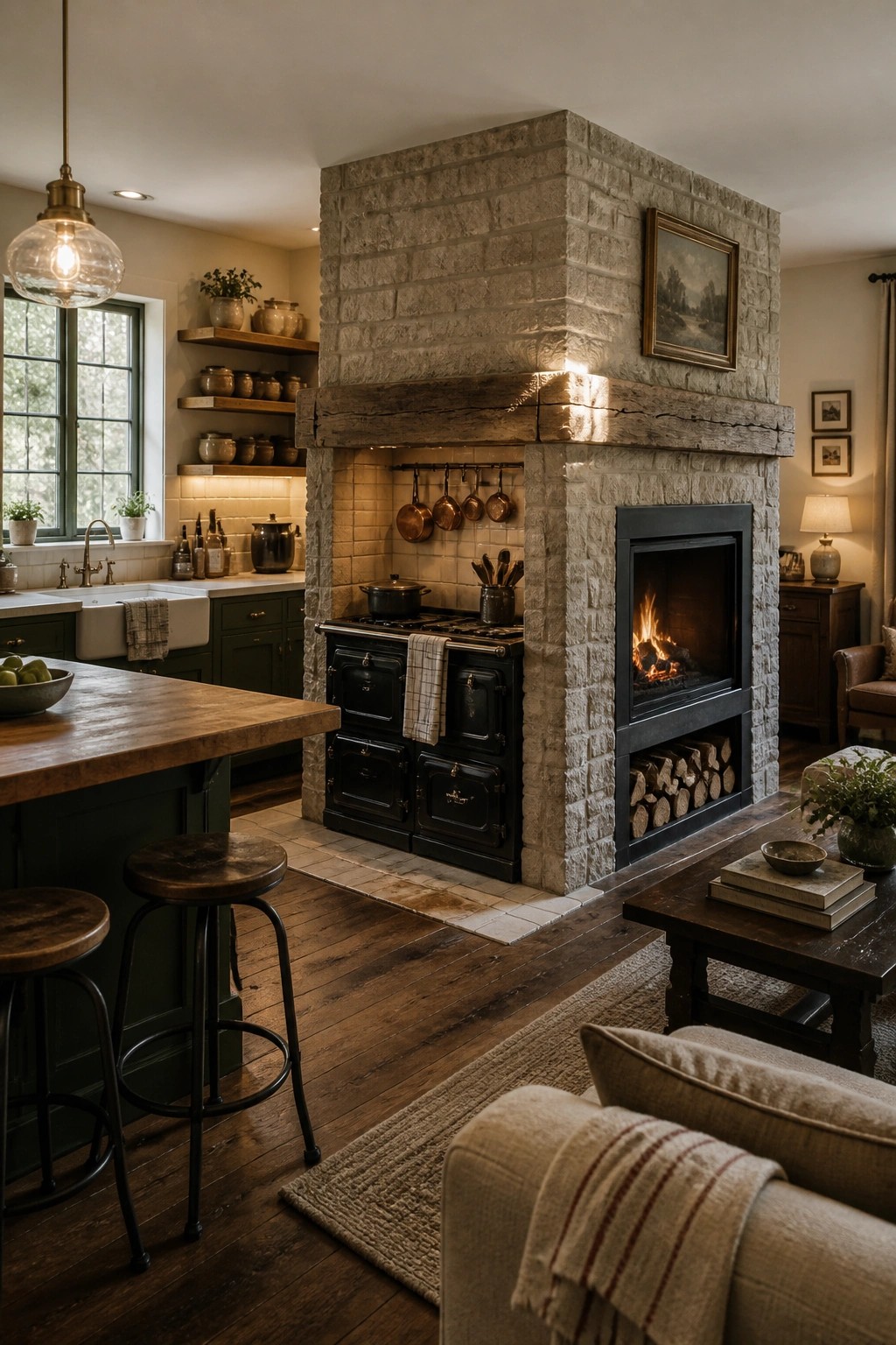 A rustic interior with a large stone fireplace and chimney breast featuring a reclaimed timber mantel, a black cast-iron range stove set into the hearth, and a kitchen area visible to the left.