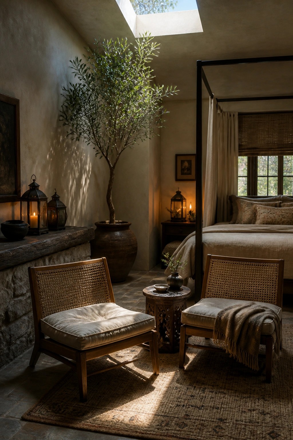 Rustic bedroom with cane chairs, potted tree, lanterns, and canopy bed.
