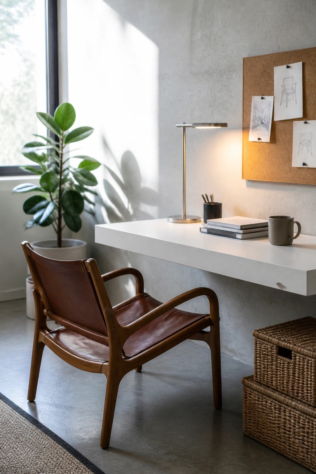 A brown leather and wood accent chair pulled up to a white floating desk in a minimalist room with a potted plant and corkboard.