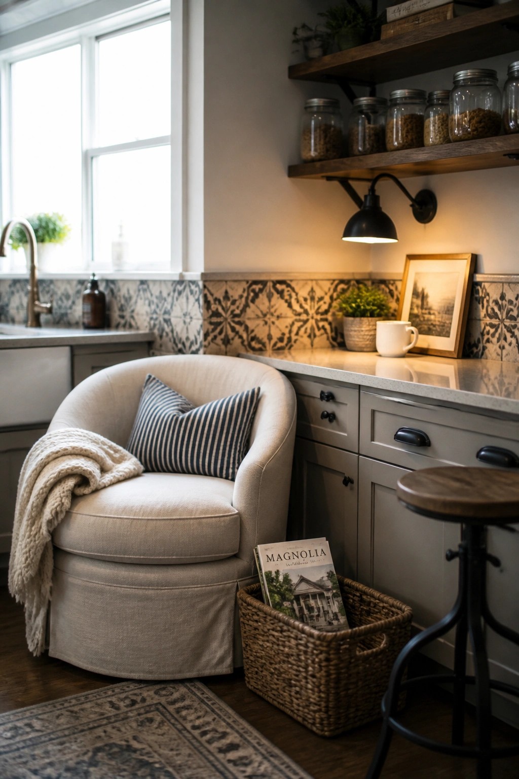 A beige upholstered swivel chair with a striped pillow and cream throw sits on a wood floor beside a wicker basket holding a magazine, next to gray kitchen cabinets and open wooden shelves.