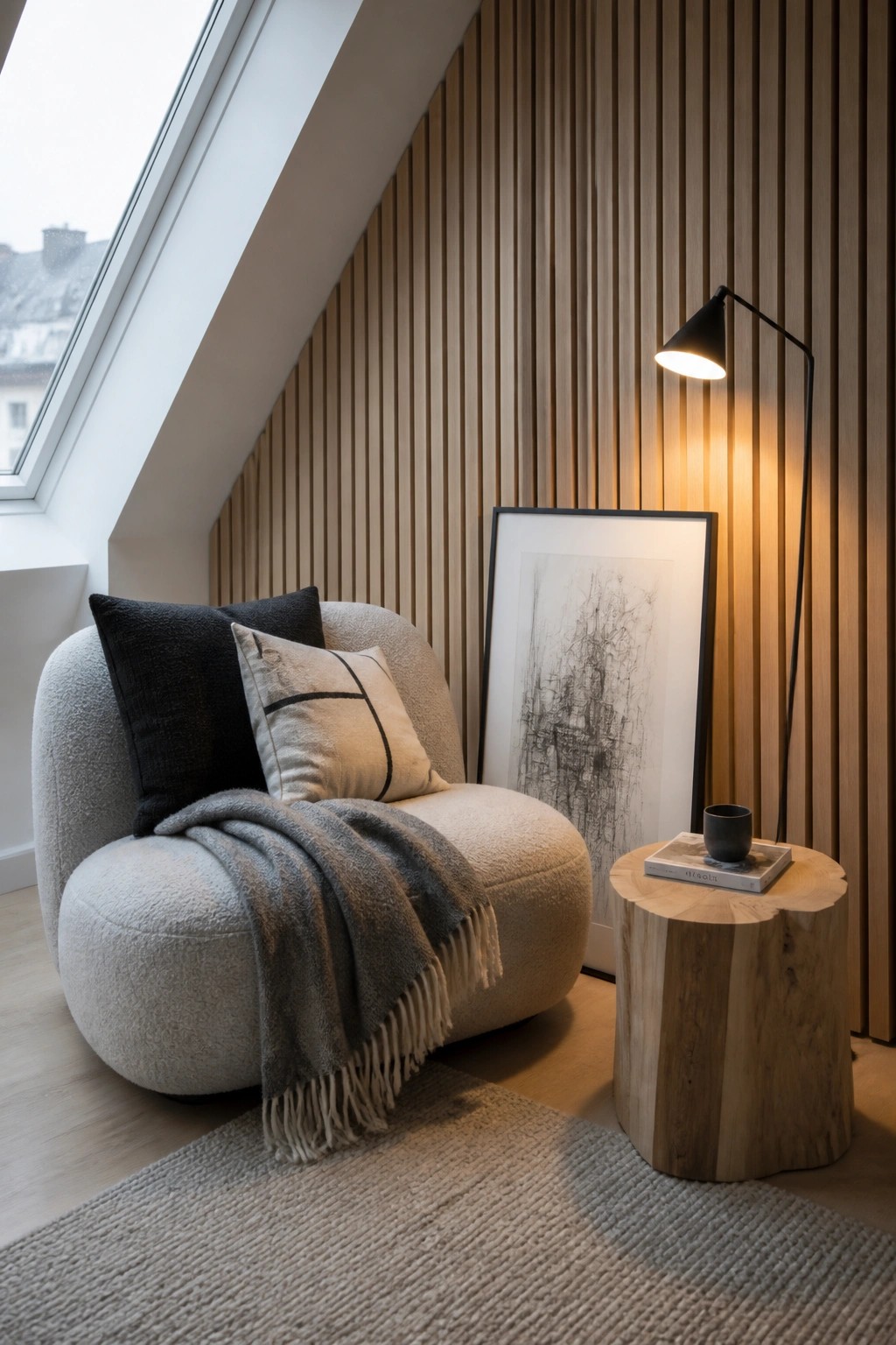 Cozy boucle armchair with pillows and throw beside wooden stump table, lamp, and abstract art.
