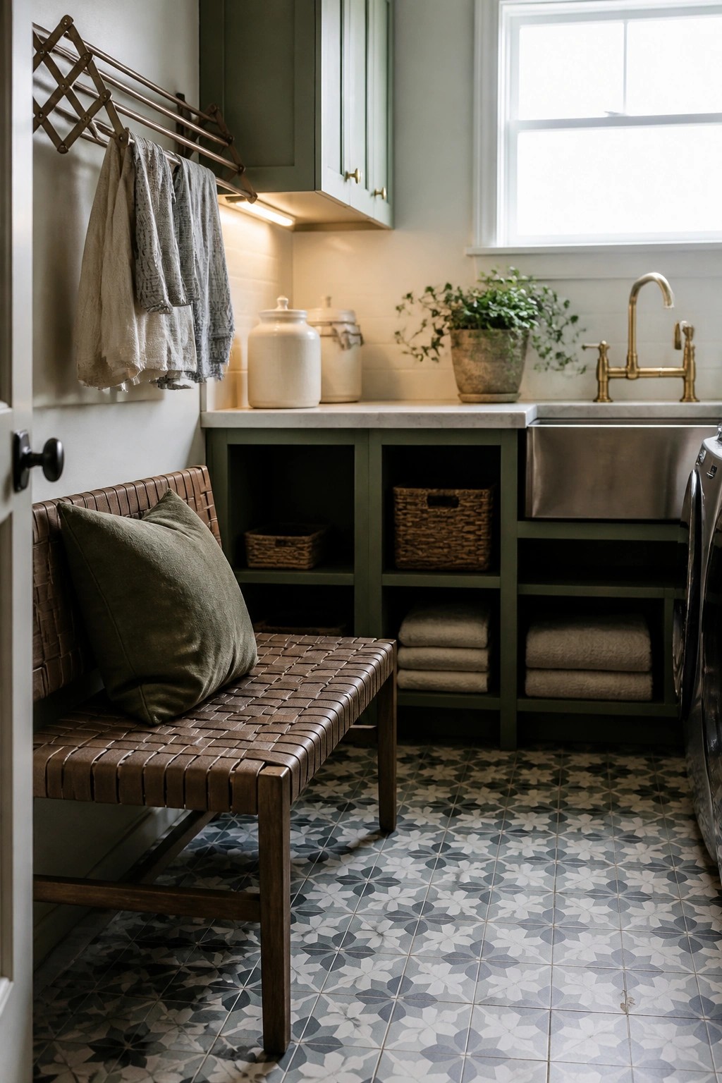 A woven bench with a green pillow sits in front of green open shelving in a laundry room with patterned tile flooring.