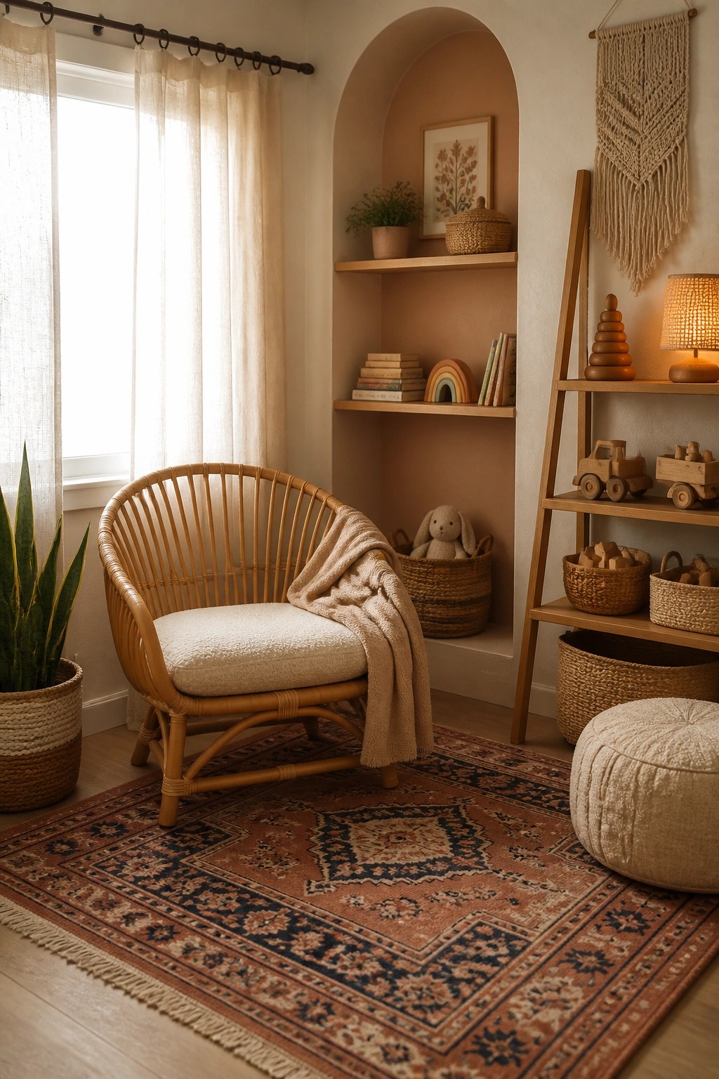 A rattan accent chair with a white cushion sits on a patterned rug in a corner with built-in shelves and a wooden ladder shelf holding toys and baskets.