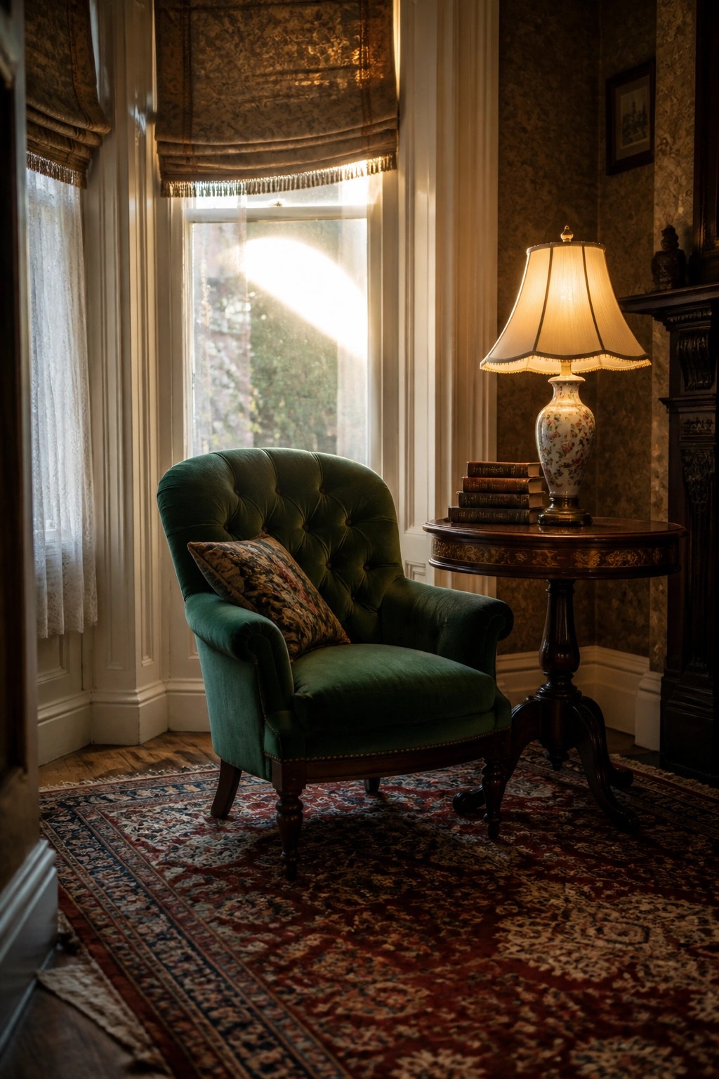 A green tufted velvet accent chair with a patterned pillow sits on a red rug beside a round wooden side table holding a lamp and stacked books, positioned in front of a large window.