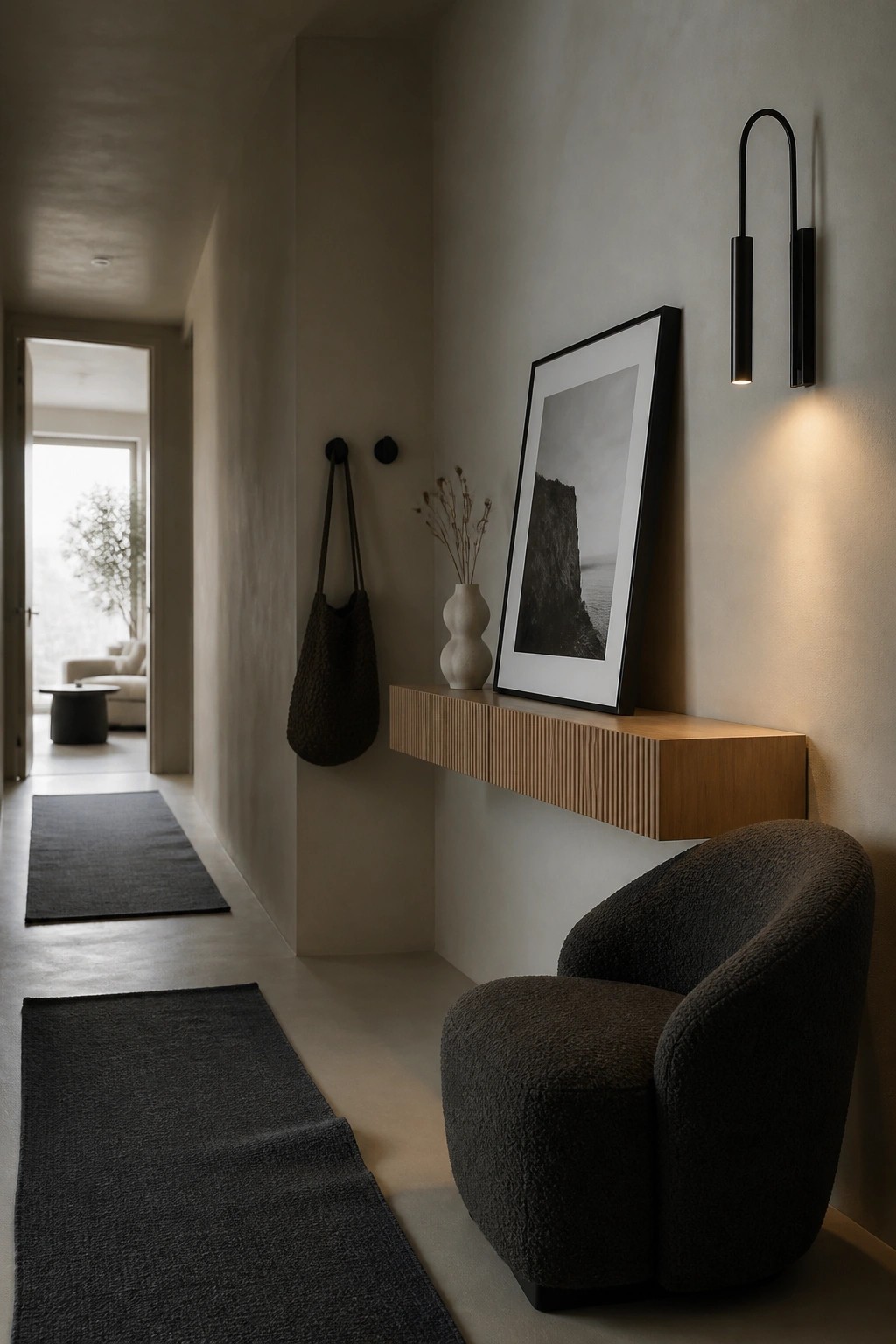 Minimalist hallway with wooden shelf, framed artwork, bouclé chair, and dark rugs.