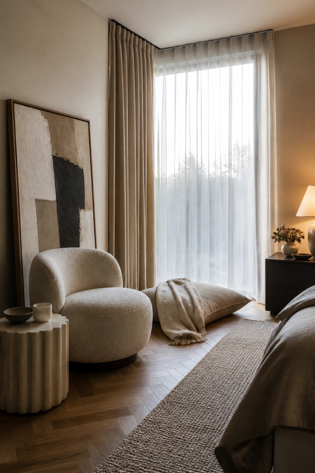 A white boucle accent chair is positioned in the corner next to a large window with layered curtains, accompanied by a small side table and abstract wall art.