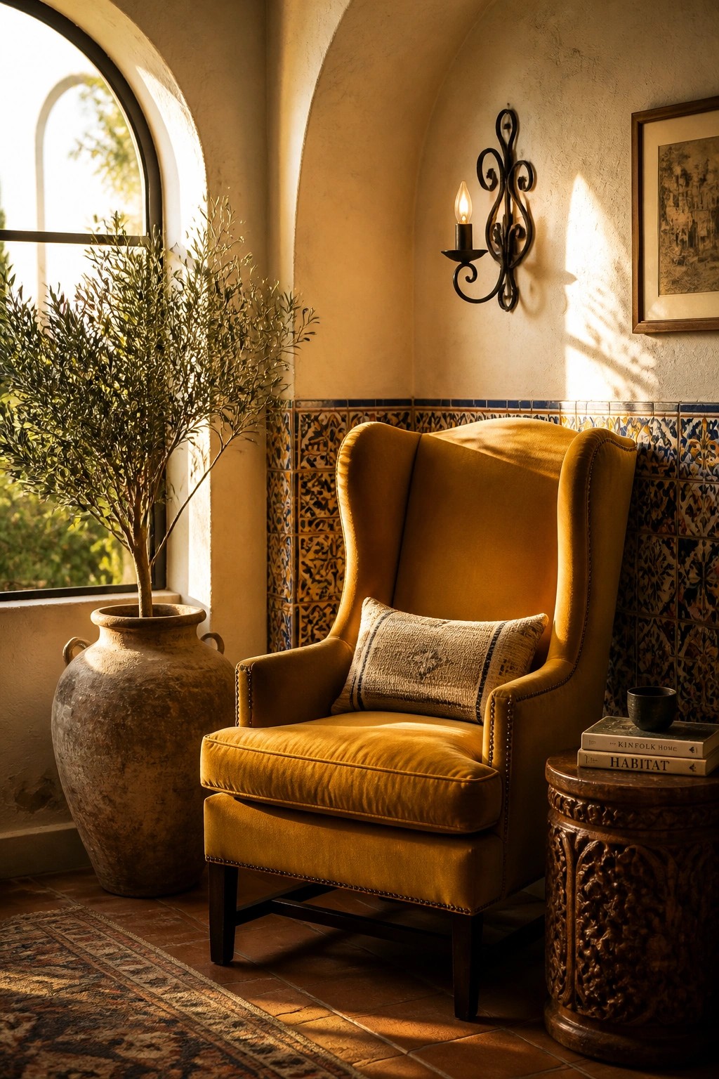 A mustard yellow wingback armchair with a patterned pillow sits in a tiled corner beside a large terracotta pot and under a black wall sconce.