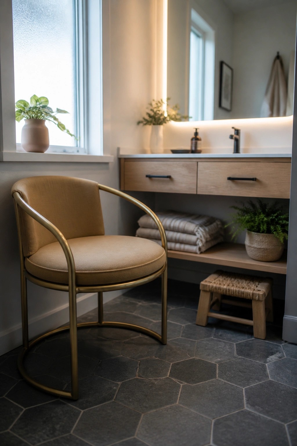 Tan upholstered chair with gold frame beside wooden vanity, plants, and dark tiles