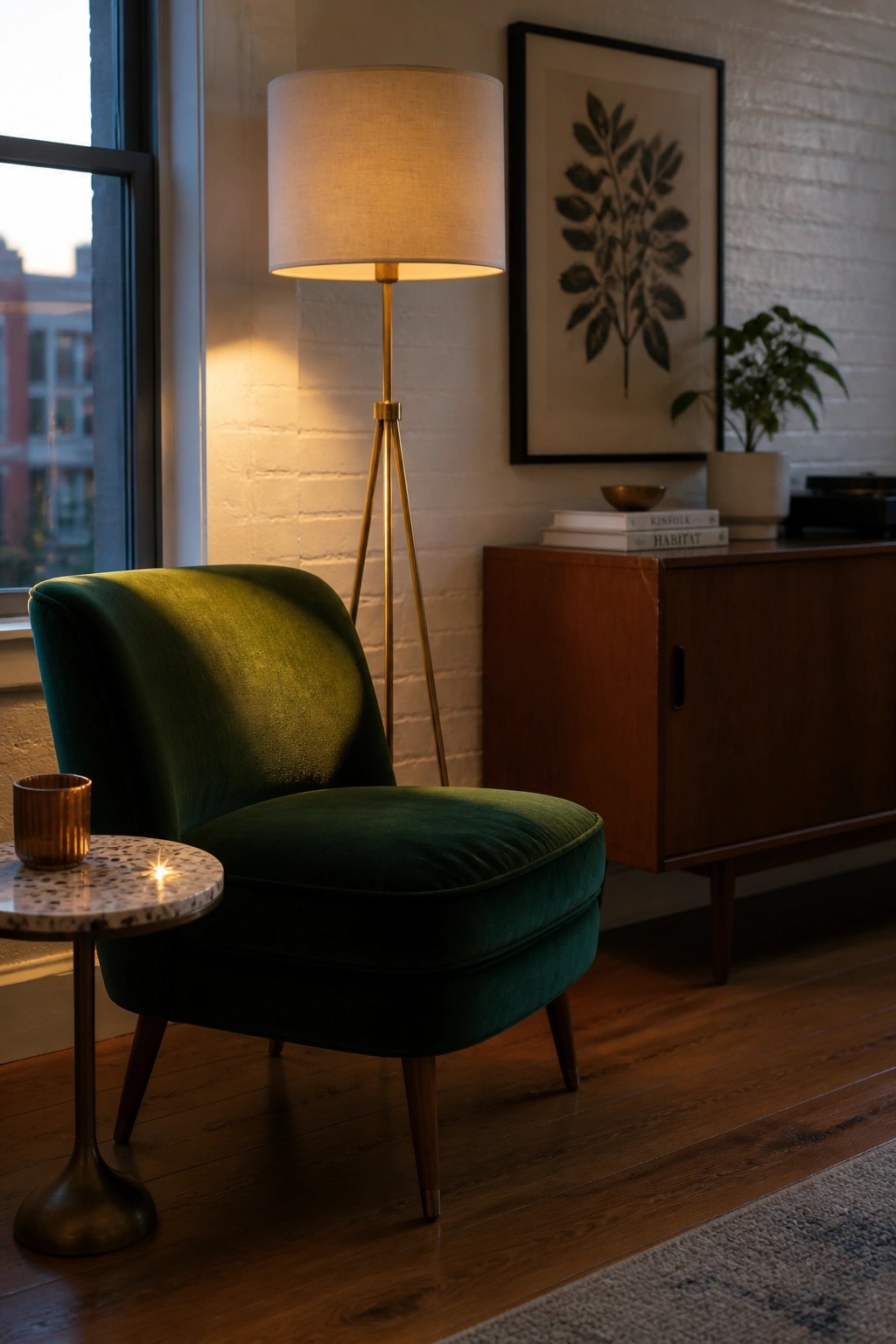 A green velvet accent chair sits beside a brass tripod floor lamp on a wooden floor, with a small marble side table in front.