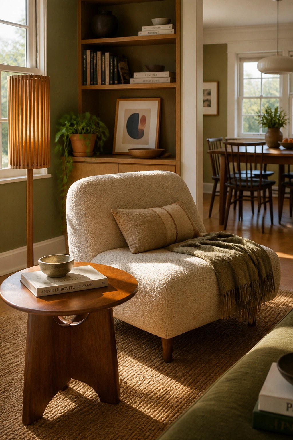 A beige boucle accent chair with a striped pillow and olive throw sits beside a round wooden side table holding a book and bowl, with built-in shelves and a dining area in the background.