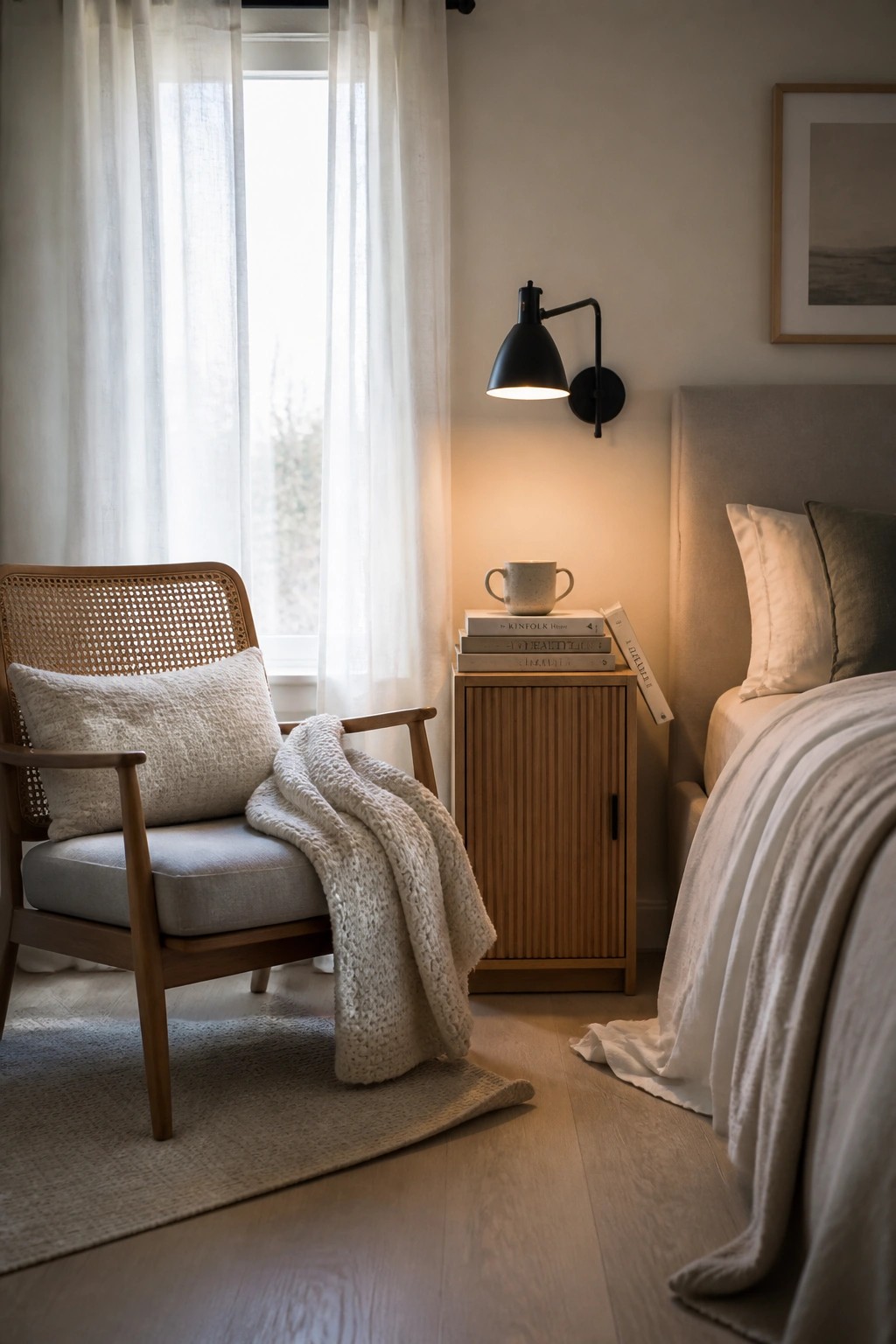 A wooden accent chair with a woven back and draped throw blanket sits beside a window next to a wooden nightstand with stacked books and a mug.