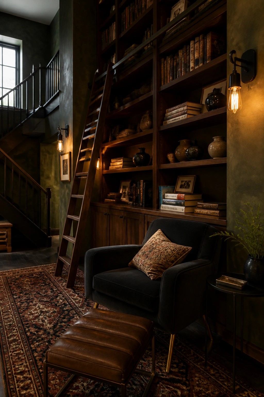 A dark velvet accent chair with an ottoman faces a tall built-in wooden bookshelf wall with a rolling ladder in a dimly lit interior.