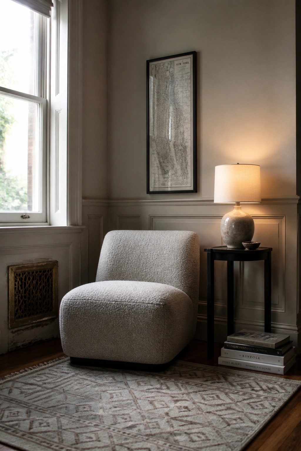A light gray textured armchair is placed in a room corner beside a black side table holding a lit lamp, with a patterned rug underneath and a framed map on the wall above.