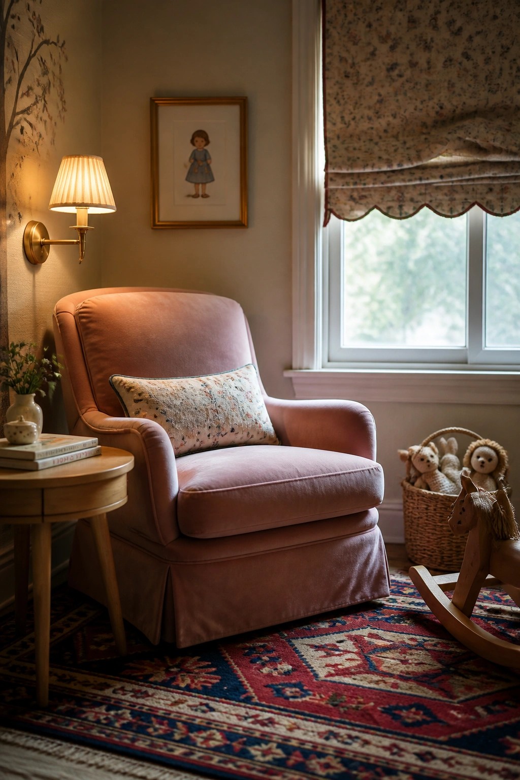 A pink upholstered armchair with a patterned pillow sits in a corner beside a window with a floral shade, next to a small wooden side table holding books and a lit lamp.