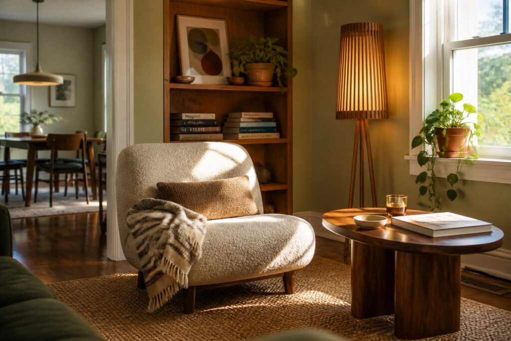 A beige boucle accent chair with a striped pillow and olive throw sits beside a round wooden side table holding a book and bowl, with built-in shelves and a dining area in the background.