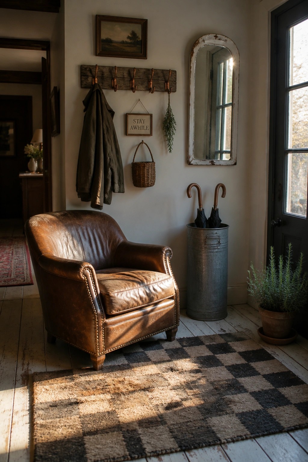 A brown leather armchair rests on a black and white checkered rug in a sunlit entryway with a wooden coat rack, small mirror, and metal umbrella stand nearby.