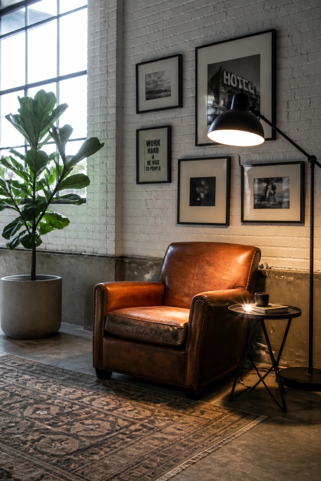 A brown leather armchair rests on a large patterned rug against a white brick wall with framed art and a floor lamp nearby.