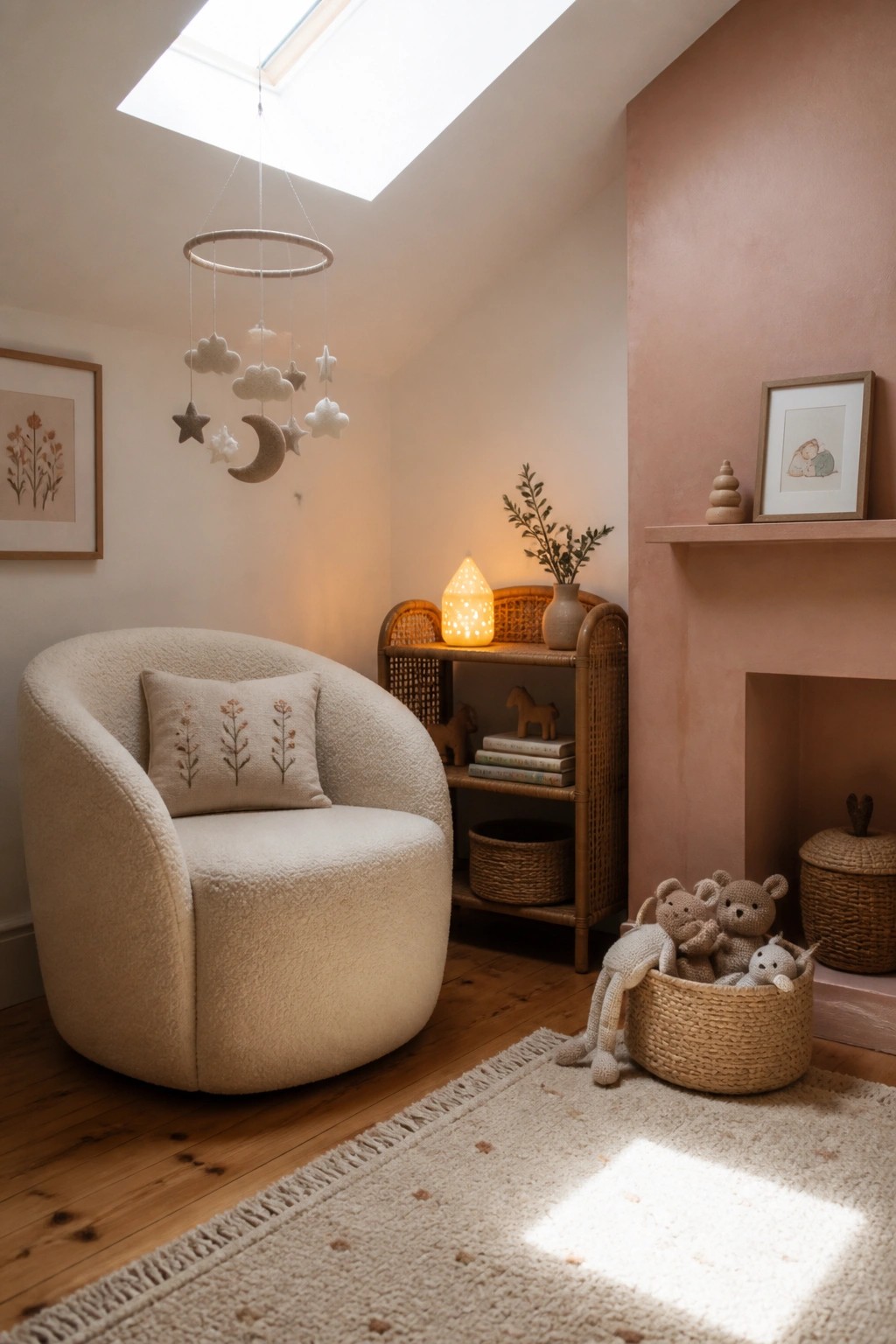 A rounded white bouclé accent chair sits in a corner beneath a hanging felt mobile, next to a rattan shelf and woven basket on a light rug.
