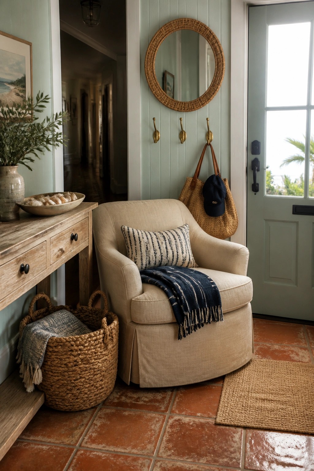 A beige swivel armchair with a patterned pillow and throw sits beside a wooden console and woven baskets in a light green entryway with terracotta tile flooring.