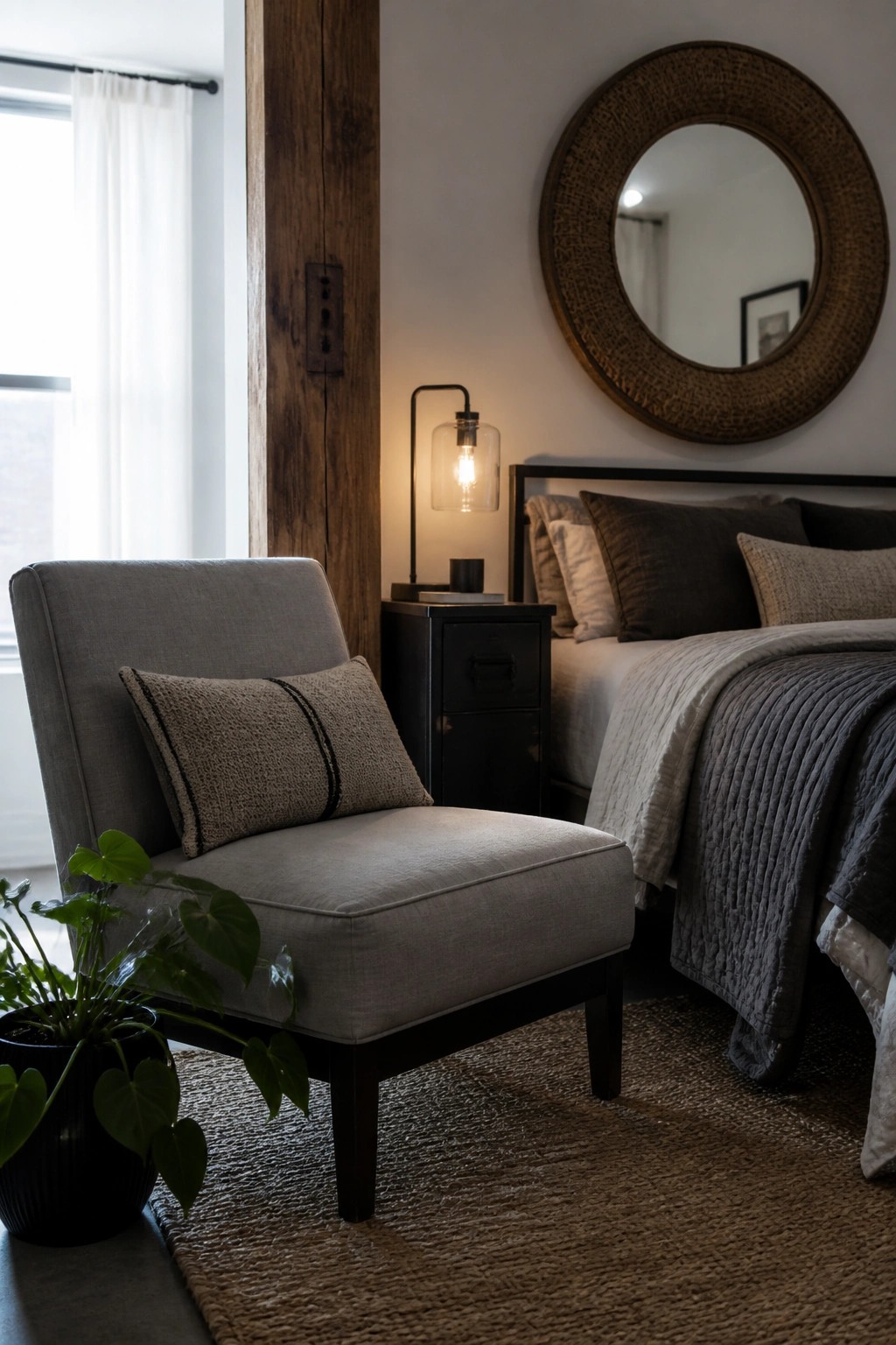 Gray armchair with pillow beside bed, lit lamp, round mirror, and plant