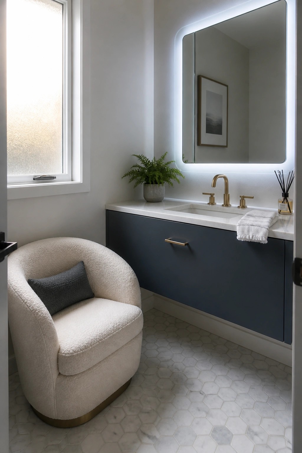 A white bouclé accent chair with a gray pillow is positioned in the corner of a bathroom beside a floating dark blue vanity with a white countertop, gold faucet, and backlit mirror.