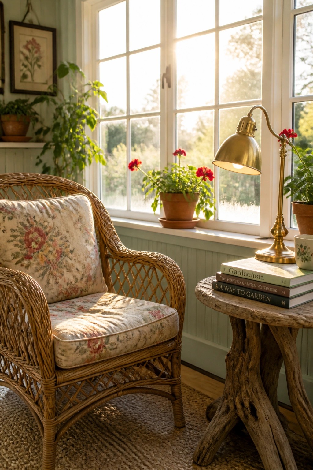A floral cushioned wicker chair sits next to a rustic wooden table holding stacked books and a lit brass lamp, positioned in front of a large window with potted plants on the sill.