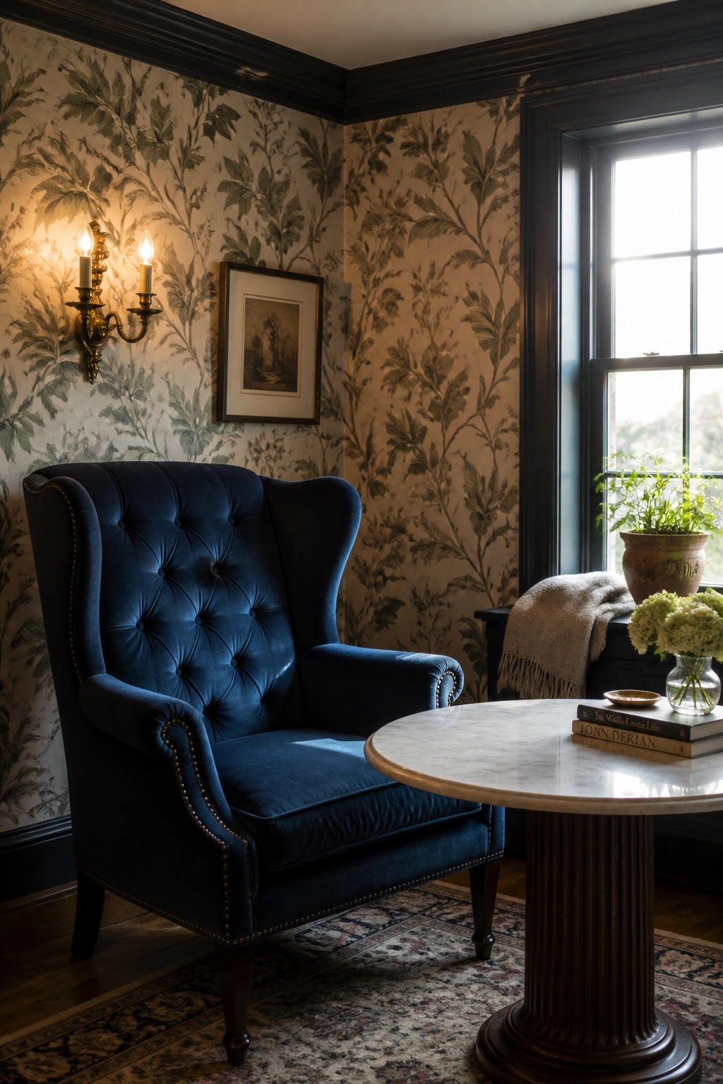 A blue tufted wingback armchair is positioned in a corner beside a round marble table with stacked books, against floral wallpaper and near a window.