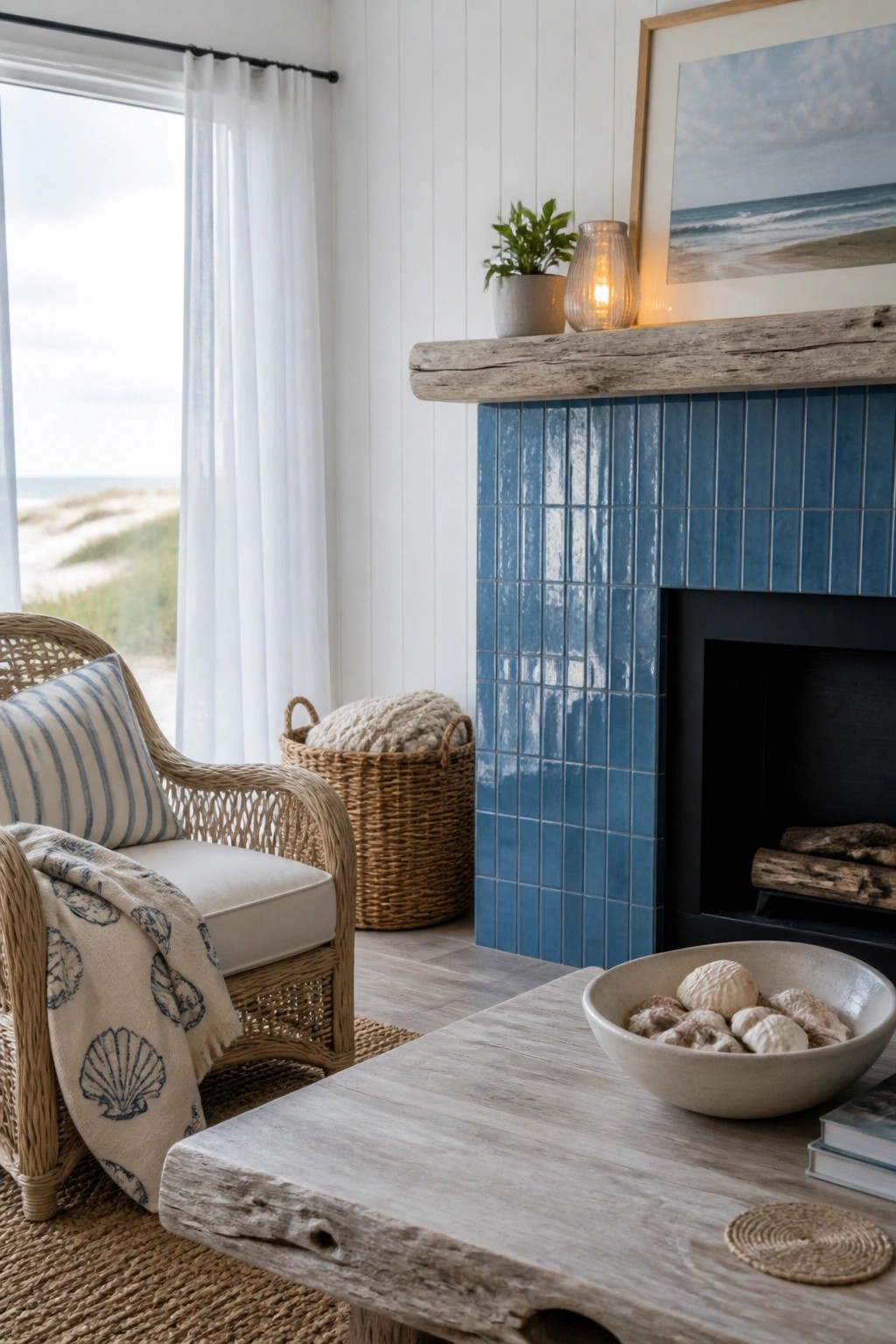 A living room corner showing a black fireplace with a glossy blue tile surround and a rustic wooden mantel above it.