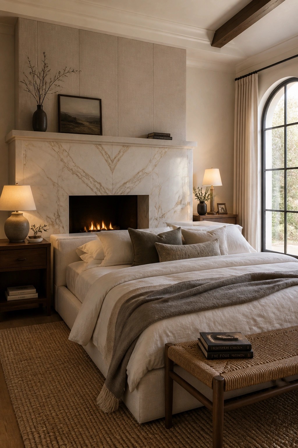 A bedroom with a fireplace surround made of bookmatched marble slabs showing prominent veining, a bed with white and gray linens, and a woven bench at the foot.