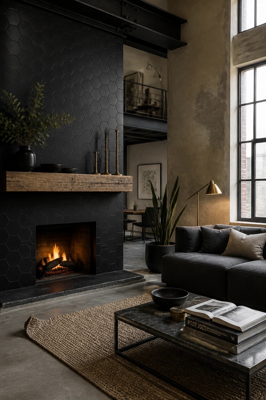 A modern living room with a fireplace covered in dark hexagonal tiles, a wooden mantel, and a dark sectional sofa in front.