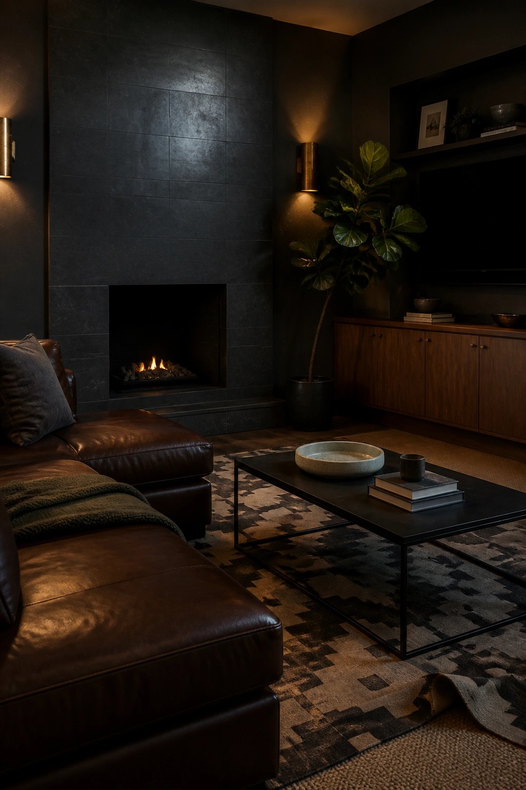 A modern living room featuring a fireplace surround covered in large dark gray tiles, a lit firebox, a brown leather sectional, and a black coffee table on a patterned rug.