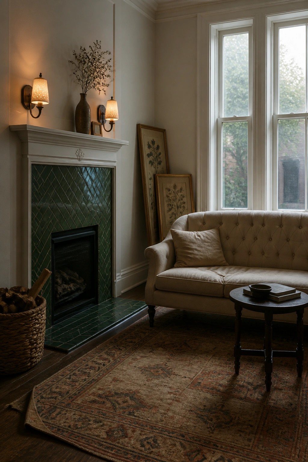A living room with a fireplace featuring green diamond-patterned tiles, a white mantel, wall sconces, and a beige sofa on a patterned rug.