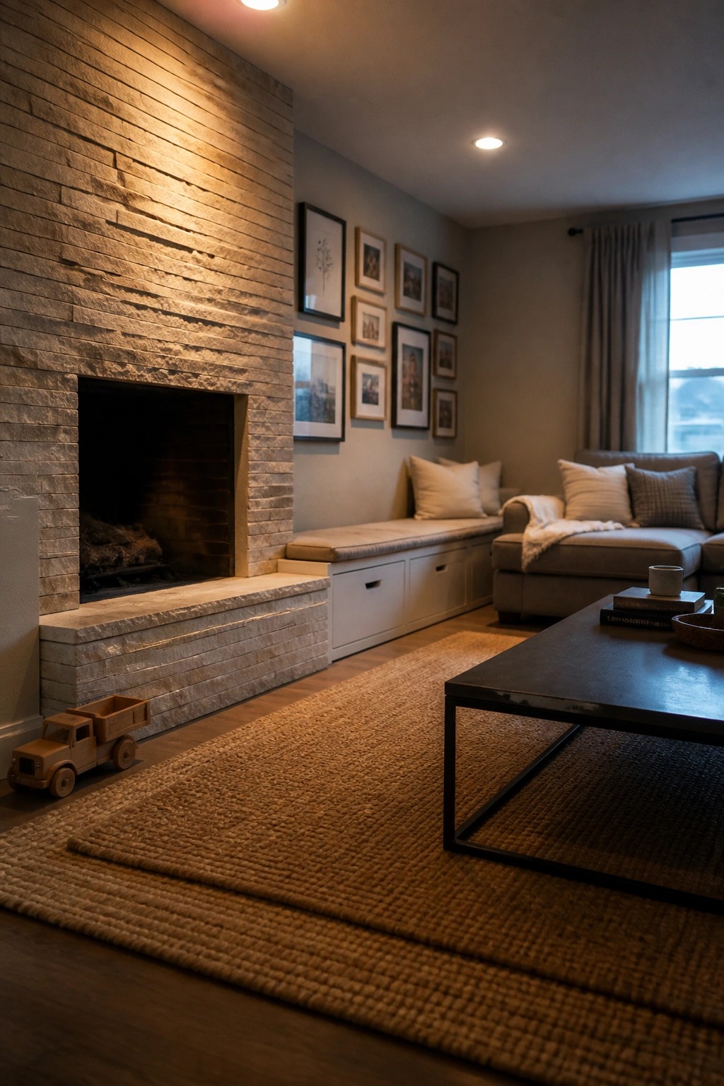 A living room featuring a stacked stone fireplace that extends into a long bench with white storage drawers, positioned next to a gray sofa and dark coffee table.