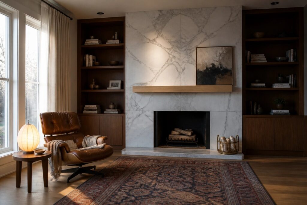 A living room with a fireplace surround covered in large white marble tiles and a floating wood mantel holding a framed artwork.