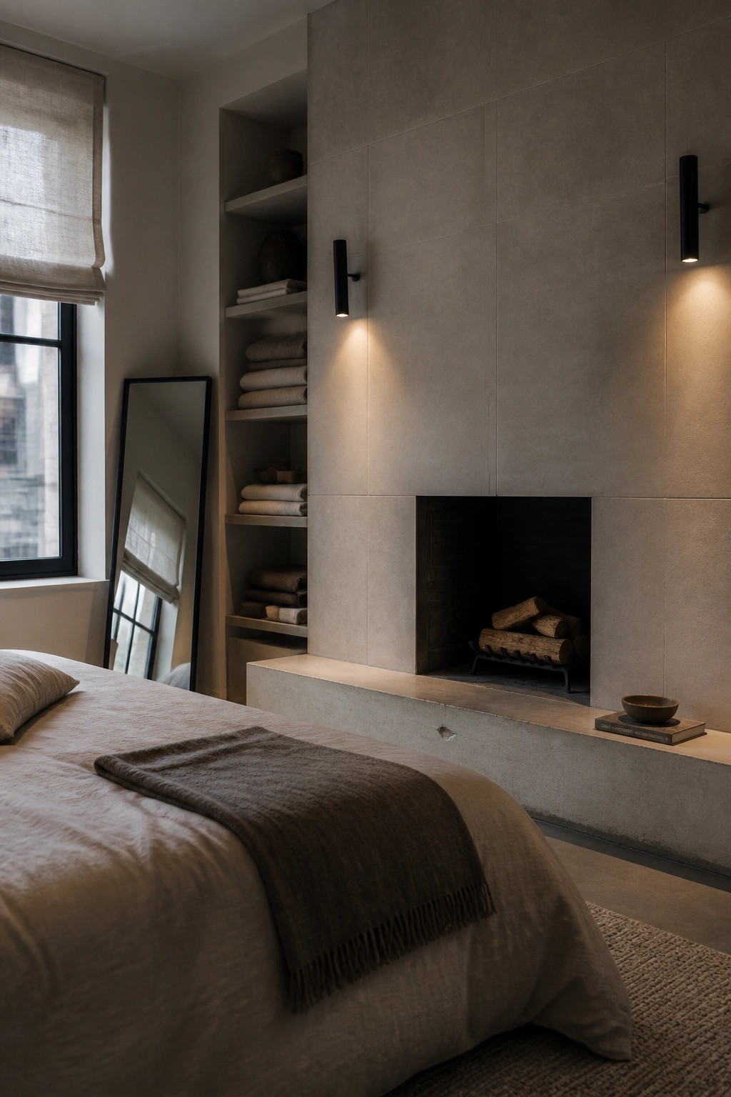 A bedroom with a fireplace set into a full height surround of large neutral tiles, with built-in shelves holding folded towels on the left side.