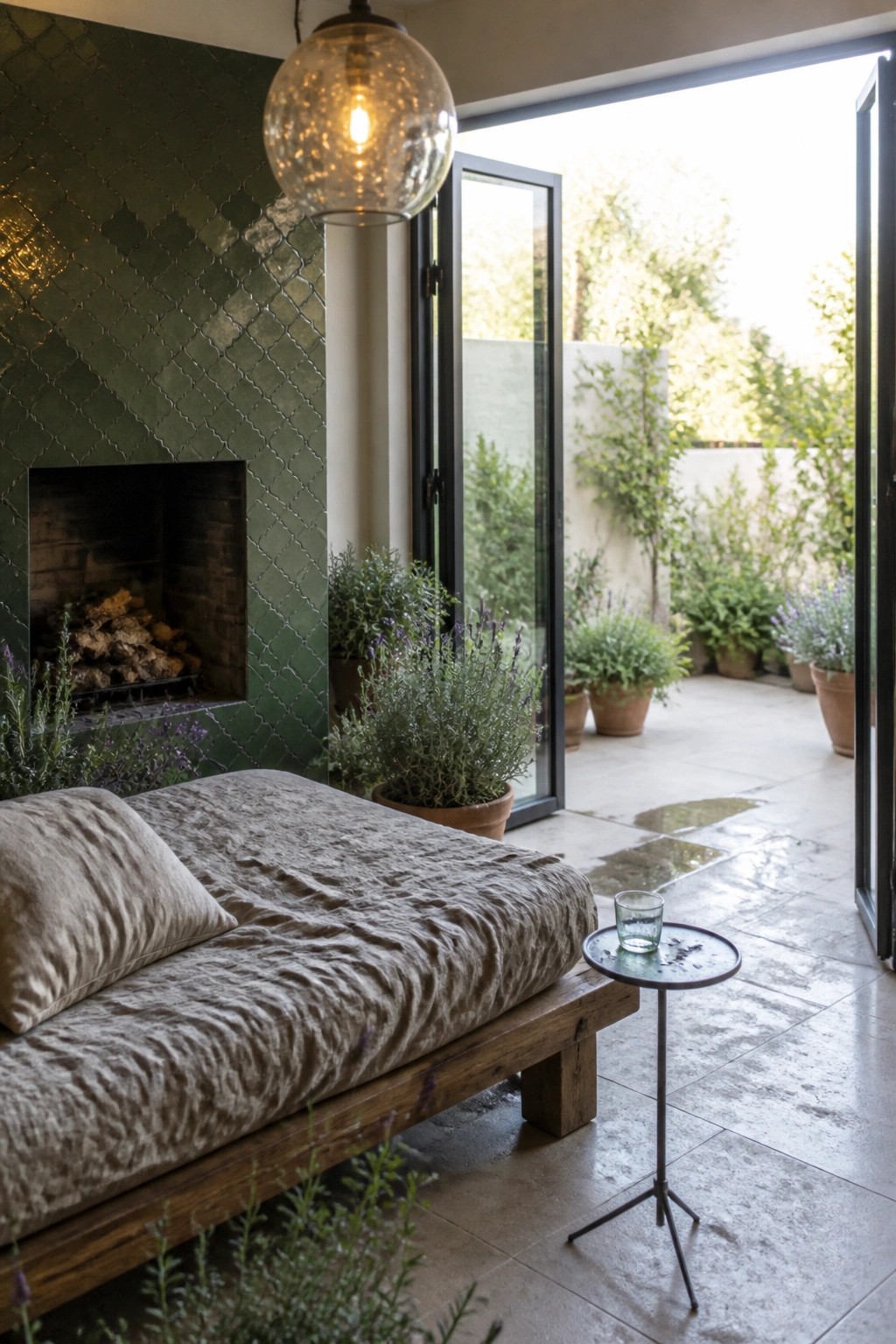 A fireplace surround covered in green scalloped tiles sits beside a wooden bed in a room with open doors leading to a patio.