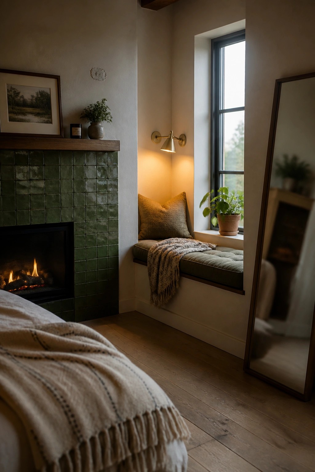 A green tiled fireplace with a wooden mantel beside a cushioned window seat in a room with wood flooring.