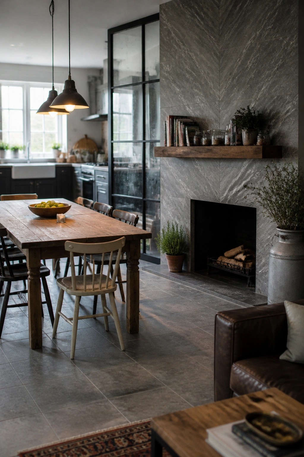 Rustic wooden dining table with mixed chairs beside a marble fireplace and leather sofa