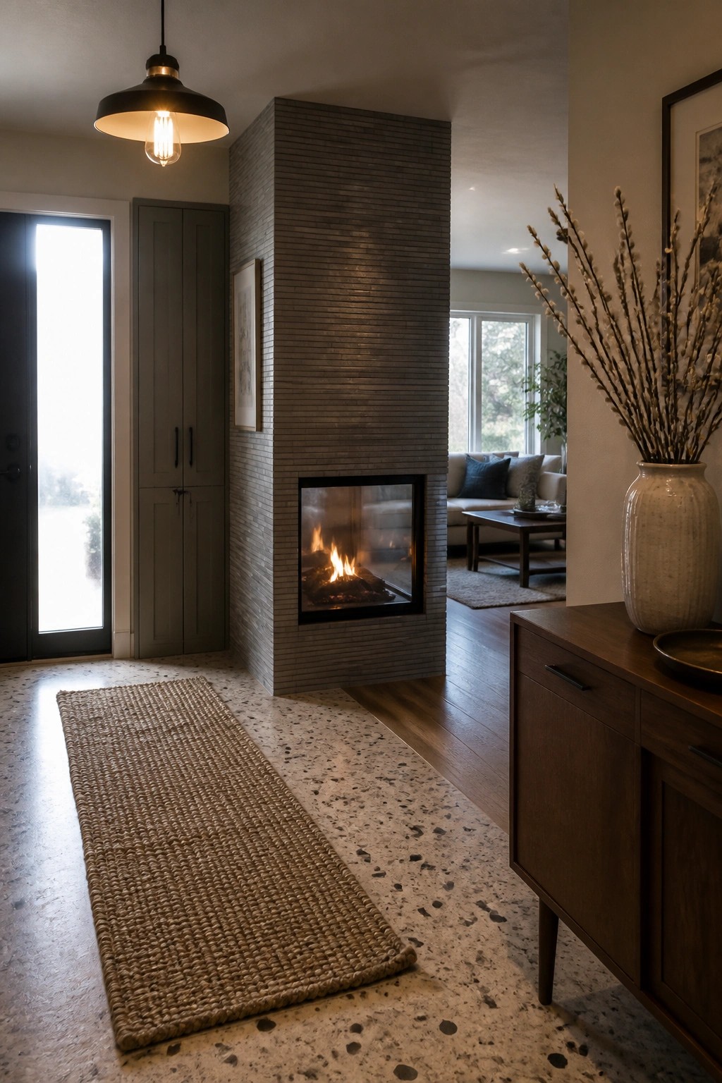 A living room fireplace with a surround of horizontal gray stacked tiles and a black frame.