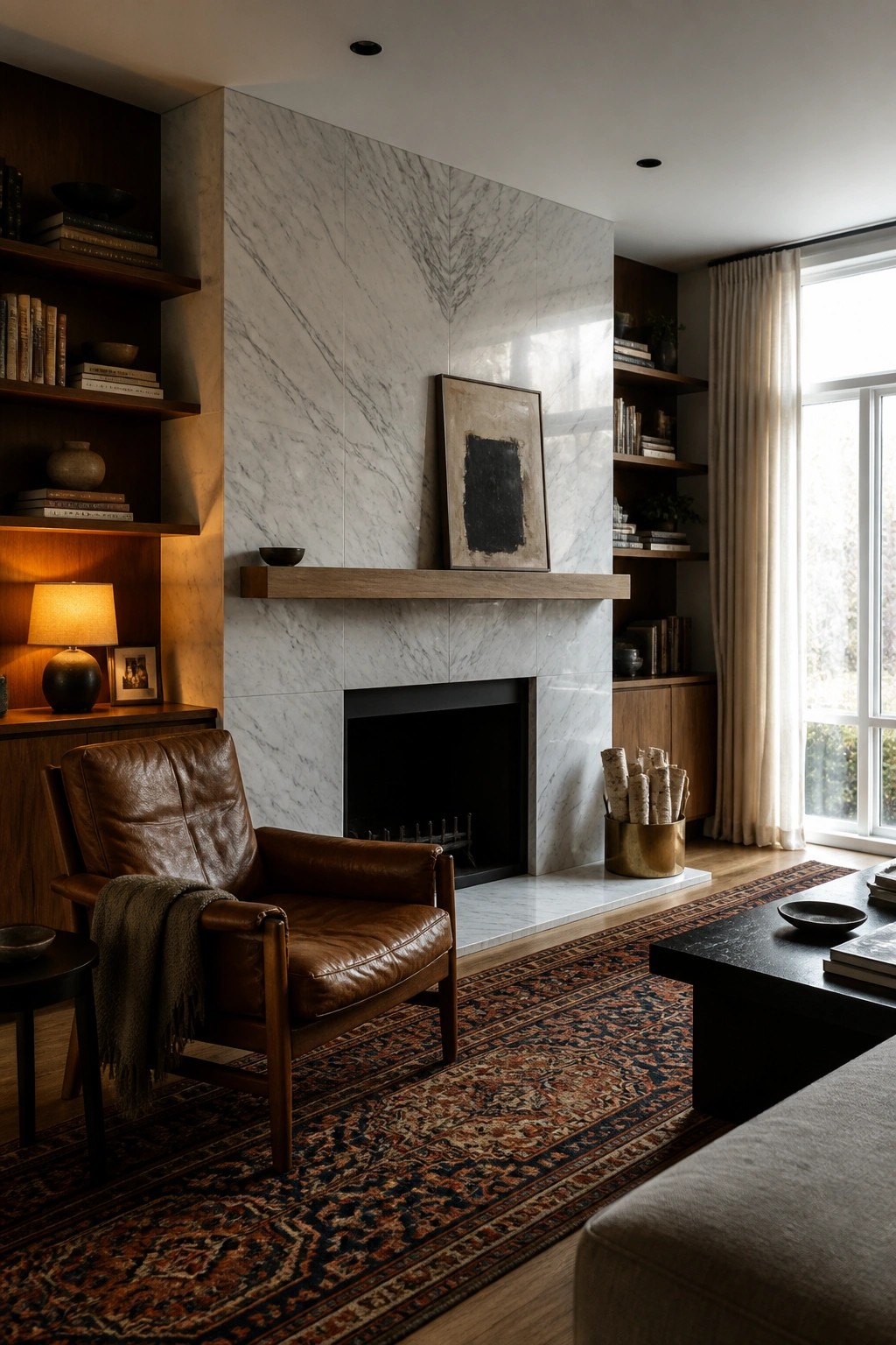 A living room with a fireplace surround covered in large white marble tiles and a floating wood mantel holding a framed artwork.