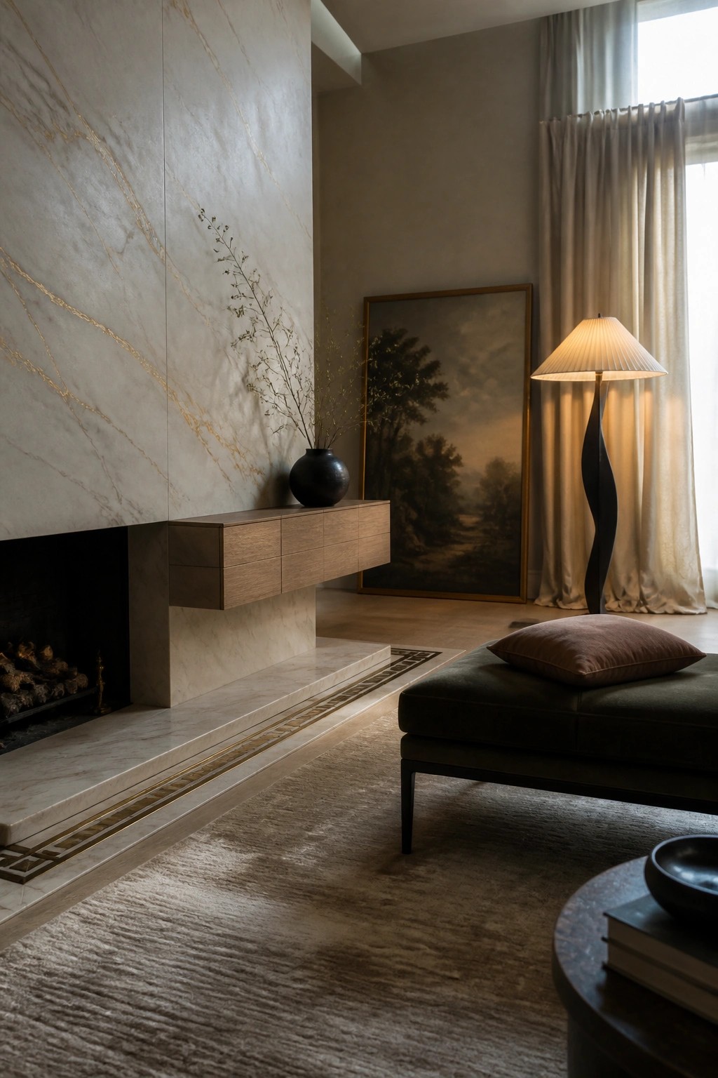 A modern living room fireplace with large light marble tiles featuring gold veining, a floating wood console, and a decorative patterned tile border along the hearth.