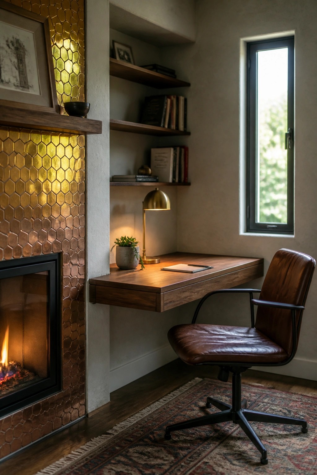 A fireplace with copper hexagonal tiles sits beside a wooden floating desk and leather office chair in a room with built-in shelves.