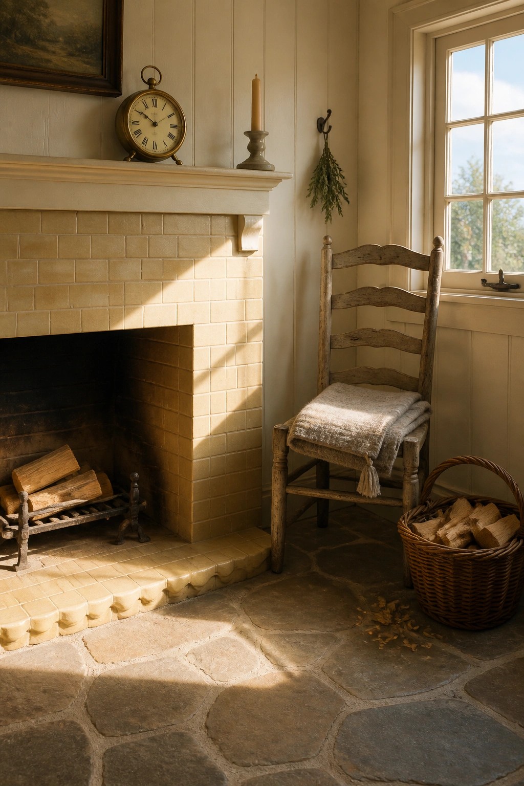 Rustic fireplace with wooden chair, blanket, and wicker firewood basket on stone floor